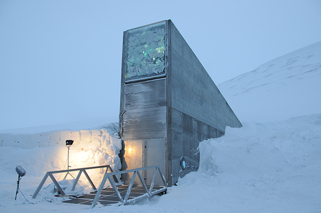 The Svalbard Global Seed Vault. Note the illuminated artwork by Dyveke Sanne. Architect: Peter W. Söderman at Barlindhaug Consult AS. Image courtesy of the Norwegian Ministry of Agriculture and Food.